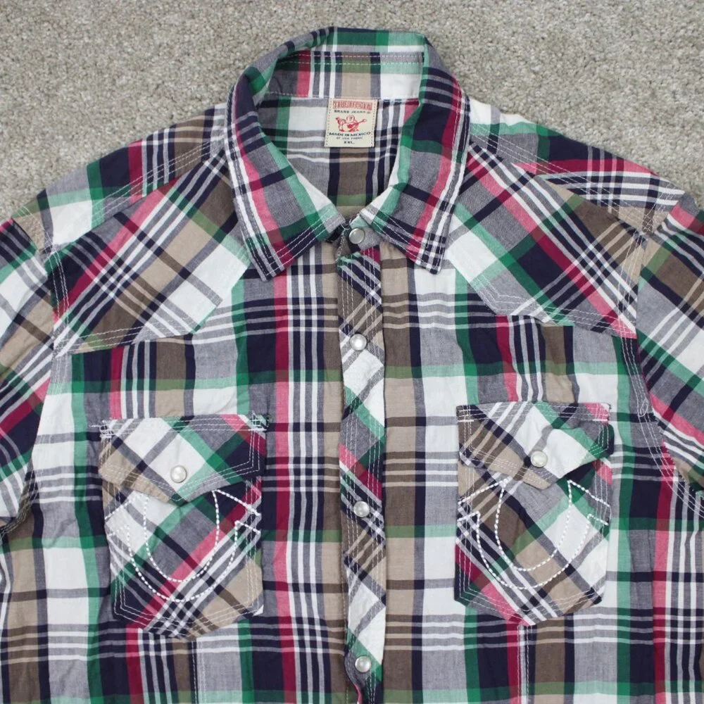 True Religion Pearl Snap Shirt Mens 2XL XXL Red/White/Green/Gray S/S 100% Cotton